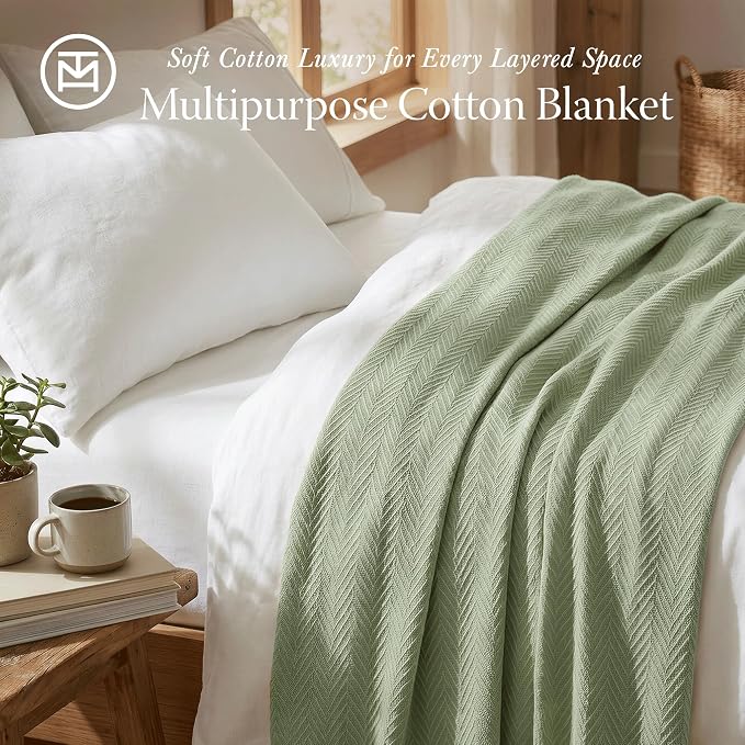 Threadmill Cotton King Blanket, Herringbone, Sage Green, Machine Washable | 100% Cotton, Herringbone Pattern, 106x92 in, Breathable, All-Season, OEKO-TEX Certified, Machine Washable - Image 2