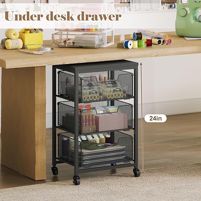 Under Desk Storage Cart with Lockable Wheels, 3-Drawer Rolling Storage Cart, Metal Utility Cart with Drawers for Art, Cart, Classroom, Office, Kitchen, Bedroom, Dorm Storage Under Bed - Image 3