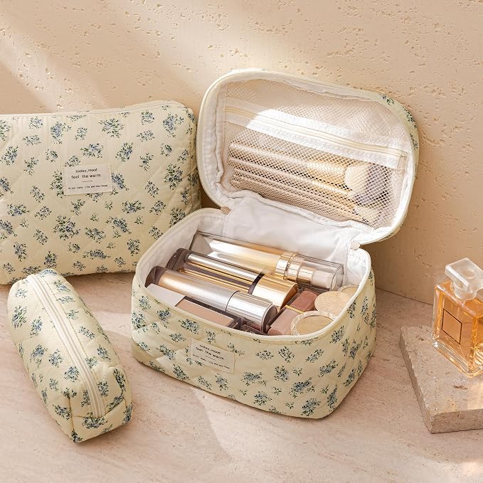 HBselect Quilted Makeup Bag, 3Pcs Cotton Large Travel Makeup Bags Organizer | Cute Floral Make up Bag Cosmetic Bag Toiletry Bag for Women Girls, Makeup Pouch for Skincare, Brushes & Travel Essentials - Image 3