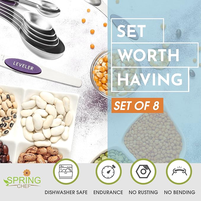 Spring Chef Stainless Steel Magnetic Measuring Spoons Set of 8, Purple | Metal Teaspoon & Tablespoon Measuring Spoons w/ Leveler for Dry & Liquid Ingredients, Measure Spoons for Baking & Cooking - Image 3
