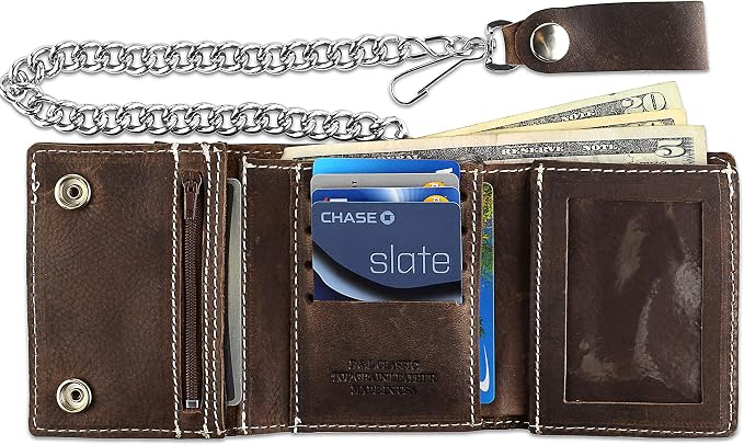 RFID Blocking Men's Tri-fold Vintage Biker Cowhide Leather Steel Chain Wallet,Snap closure, Made In USA,Antique crazy horse brown,dc315… - Image 2