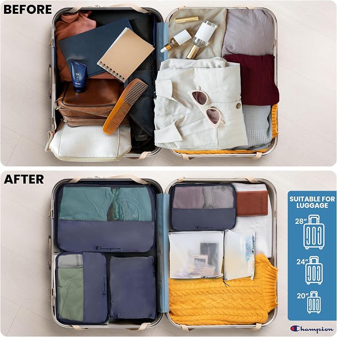 Champion Packing Cubes for Travel - 6 Piece Organizer Set, Carry-On Ready | Breathable mesh, sturdy handles; 3 cubes, 1 laundry bag, 2 zip pouches; zipper closure; fits carry-on and full-size suitcases - Image 3