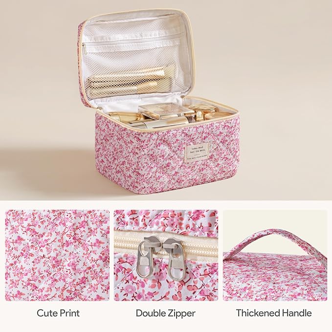 HBselect Quilted Makeup Bag, 3Pcs Cotton Large Travel Makeup Bags Organizer | Cute Floral Make up Bag Cosmetic Bag Toiletry Bag for Women Girls, Makeup Pouch for Skincare, Brushes & Travel Essentials - Image 2