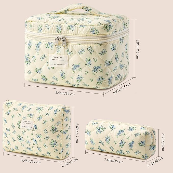 HBselect Quilted Makeup Bag, 3Pcs Cotton Large Travel Makeup Bags Organizer | Cute Floral Make up Bag Cosmetic Bag Toiletry Bag for Women Girls, Makeup Pouch for Skincare, Brushes & Travel Essentials - Image 5