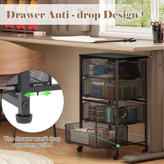 Rolling Cart with Drawers, 4-Drawer Storage Cart on Wheels with Wooden Top, Metal Utility Cart with Storage Drawers, Craft Storage Art Cart for Classroom, Office, Kitchen, Bedroom,Patent Pending - Image 4