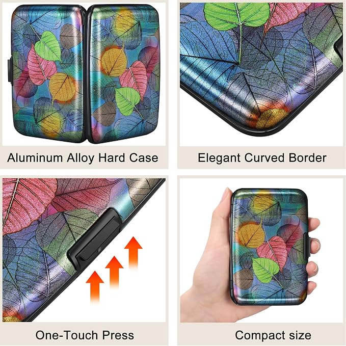 Mini RFID Aluminum Wallet Credit Cards Holder Business Card Case Metal ID Case for Men Women（Colorful Leaves - Image 3