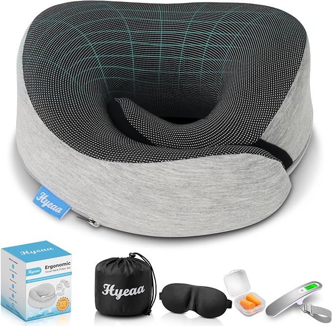 Travel Pillows for Airplanes - Memory Foam Neck Pillow for Sleeping and Travel - 360° Support Airplane Pillow Set with Eye Mask, Earplugs & Luggage Scale, Portable Travel Essentials. Light Grey by Unknown