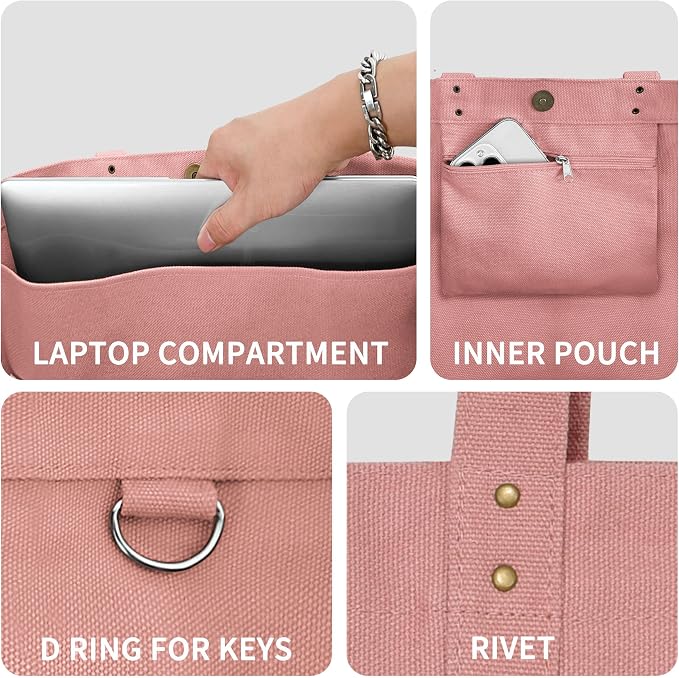 HOMESPON Large Canvas Tote Bag, Magnetic Work Laptop Pack for Women | Everything Bag, Multi Pockets, Internal Laptop Sleeve - Image 5