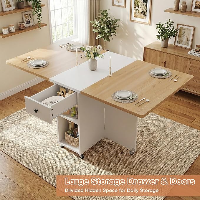 Jocoevol Folding Dining Table for Small Spaces, Foldable Kitchen Table with Drawer, 2-Tier Storage Shelf & Wheels, Space Saving Dining Table for 2 4, Farmhouse, Natural - Image 7