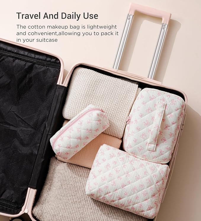 HBselect Quilted Makeup Bag, 3Pcs Cotton Large Travel Makeup Bags Organizer | Cute Floral Make up Bag Cosmetic Bag Toiletry Bag for Women Girls, Makeup Pouch for Skincare, Brushes & Travel Essentials - Image 4