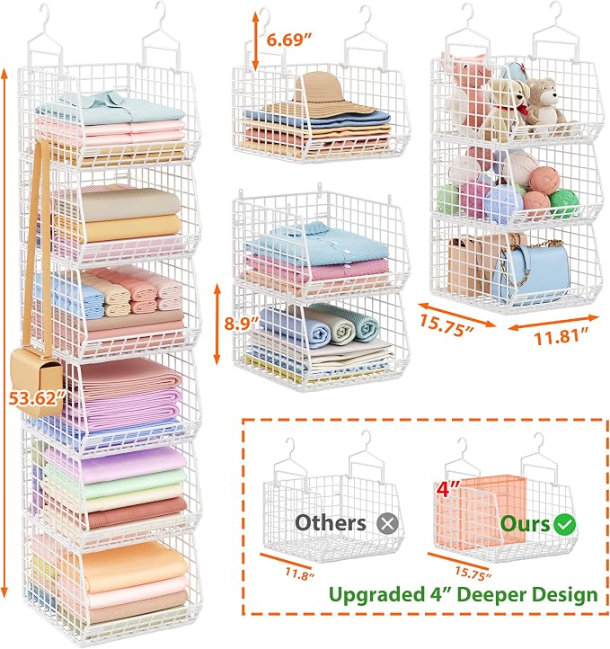 6 Tier Extended Depth Hanging Closet Organizer, Closet Storage Hanging Shelves with Hanging Hooks for Clothes Sweaters Towels Handbags, Stackable Metal Mesh Bins For Closet, Laundry, Bathroom, Dorm - Image 3