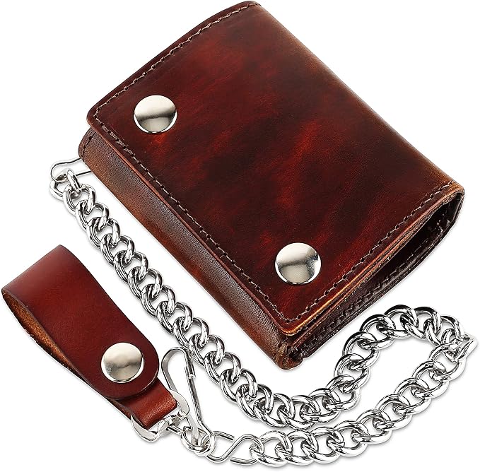 RFID Blocking Men's Tri-fold Vintage Biker Cowhide Leather Steel Chain Wallet,Snap closure, Made In USA,at315,Antique-brown - Image 5