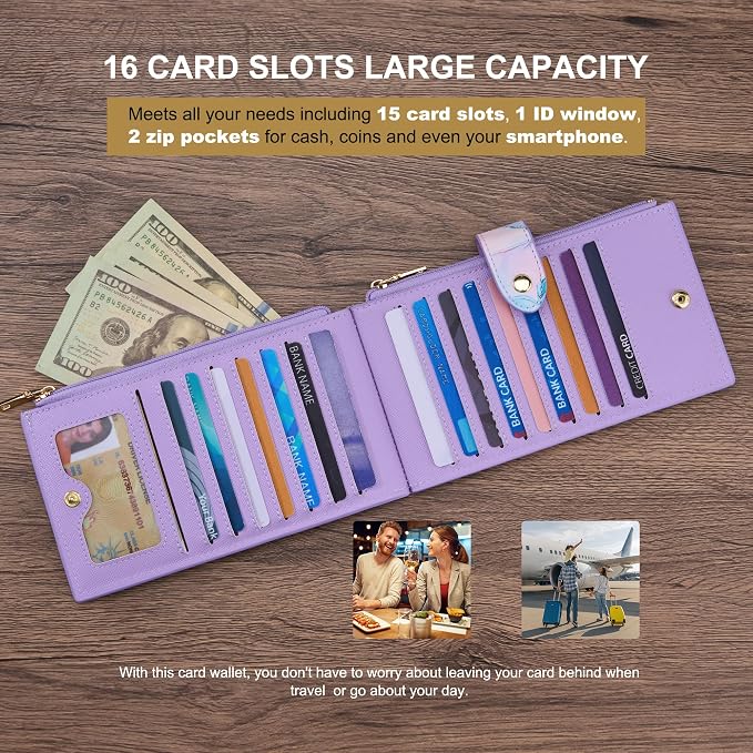 Travelambo RFID Wallet Women Large Size Bifold Multi Card Wallet Case with Zipper Pocke Credit Card Holder for Women - Image 5