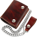 RFID Blocking Men's Tri-fold Vintage Biker Cowhide Leather Steel Chain Wallet,Snap closure, Made In USA,at315,Antique-brown by FLCLASSIC