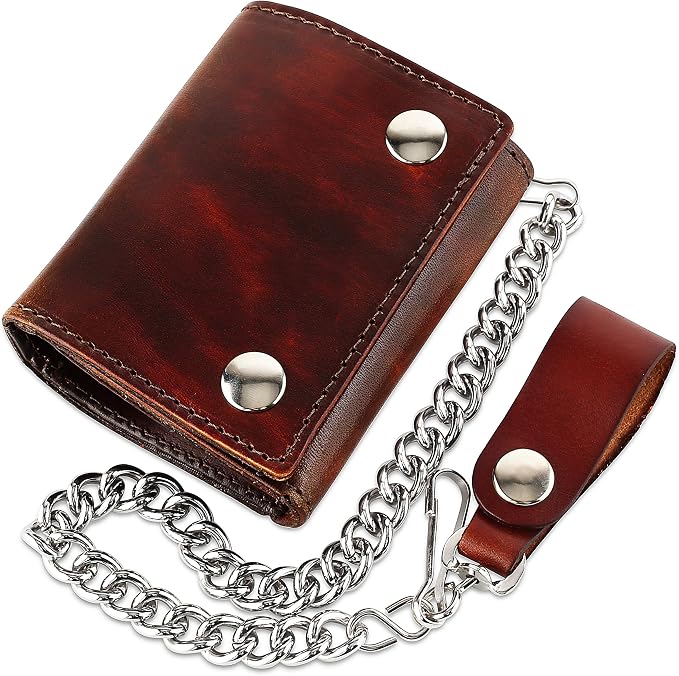 RFID Blocking Men's Tri-fold Vintage Biker Cowhide Leather Steel Chain Wallet,Snap closure, Made In USA,at315,Antique-brown by FLCLASSIC