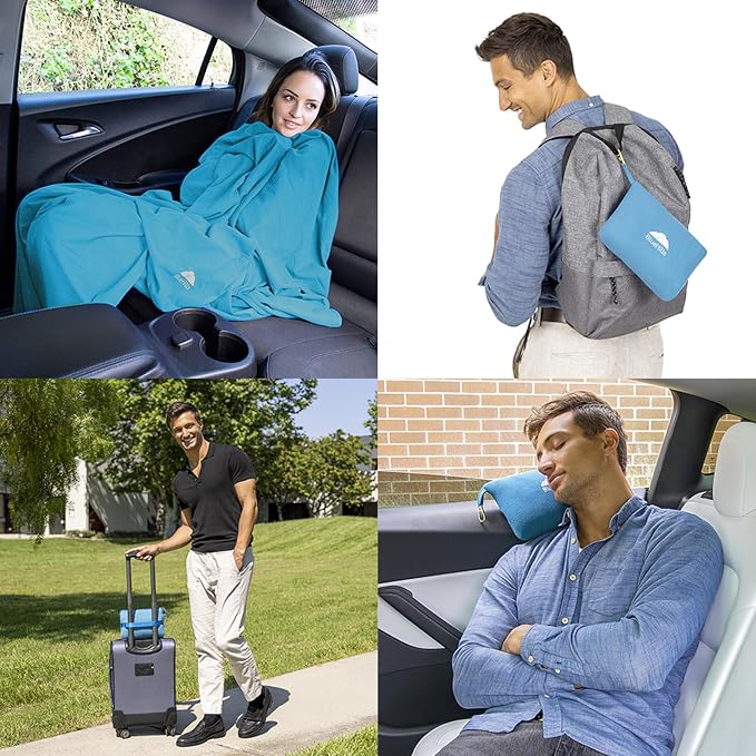 BlueHills Premium Soft Lightweight Travel Blanket Pillow Compact Teal Blue | Luggage Strap & Carabiner Included, Portable Case, Compact Lightweight Pocket Size Traveling Essential, Cruise Throw in Bag - Image 3