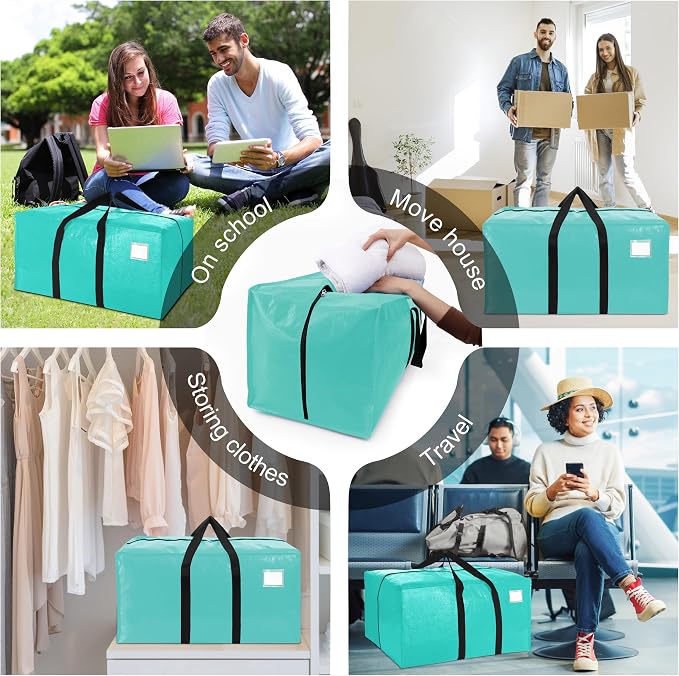 VELVETSURE 6 Pack Heavy Duty Large Moving Bags W/Backpack Straps - Strong Handles & Zippers, Storage Totes For Space Saving, Fold Flat, Alternative to Moving Box and Storage Bin, Aquamarine - Image 6