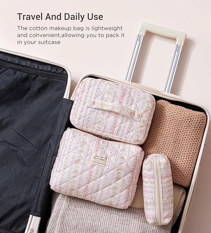 HBselect Quilted Makeup Bag, 3Pcs Cotton Large Travel Makeup Bags Organizer | Cute Floral Make up Bag Cosmetic Bag Toiletry Bag for Women Girls, Makeup Pouch for Skincare, Brushes & Travel Essentials - Image 4