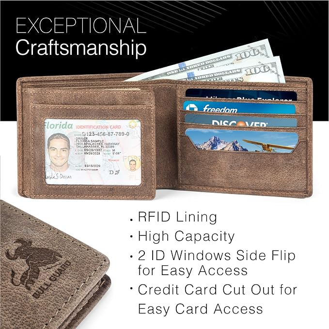 BULL GUARD RFID Mens Bifold Leather Wallet with 2 ID Windows Premium Security Full Grain Leather High Capacity Credit Card Wallet - Image 3