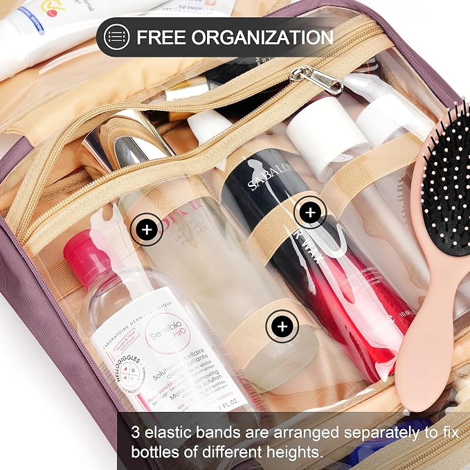 Travel Hanging Toiletry Bag for Women and Men, with 8 Leak Proofing Silicone Bottle Covers, Waterproof Makeup Accessories, Cosmetic Essentials, Toiletries Dopp Kit Set with Jewelry Organizer, Purple - Image 7