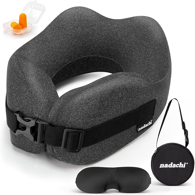 Neck Pillow Airplane Travel Set - Pure Memory Foam Travel Pillow for Long Flights Essentials, Sleeping with 3D Contoured Eye Mask, Earplugs, Portable Bag (Grayish) - Image 8