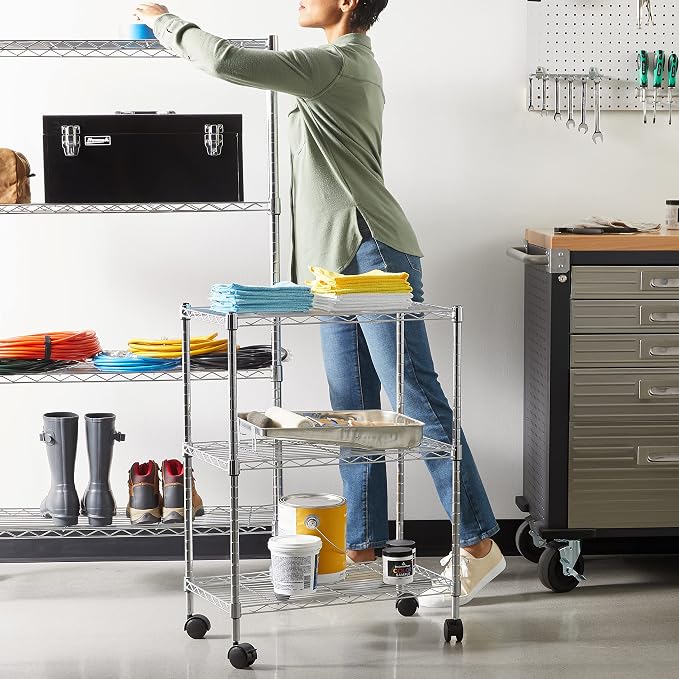 Amazon Basics 3-Shelf Heavy Duty Adjustable Wire Shelving Storage Rack on 2" PP Plastic Wheel Casters, Steel Utility Shelving Unit for Garage and Laundry Room, 23.2" x 13.4" x 32.75", Chrome - Image 2