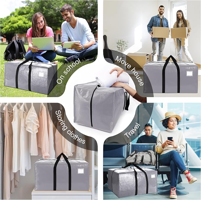 6 Pack Heavy Duty Extra Large Moving Bags W/Backpack Straps - Strong Handles & Zippers, Storage Totes For Space Saving, Fold Flat, Alternative to Box and Bin (40 gal, Silver) - Image 6