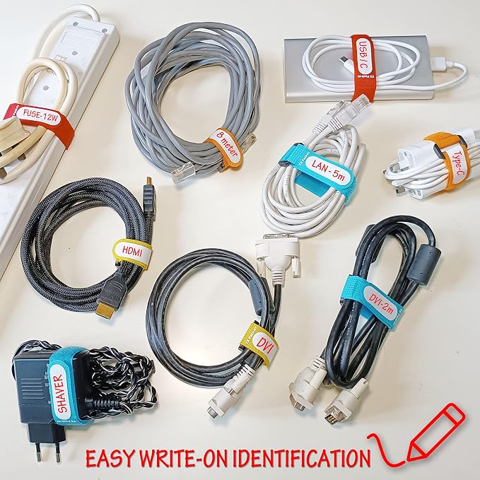 Multi-Purpose Cinch Straps (Assorted-Color 20 Pack). Reusable Waterproof Hook and Loop Cable Tie, Write-on Label for Easy Cord & Stuff Indentification, Organization & Management, by TX Pack-es - Image 6
