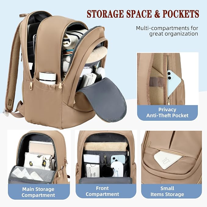 Hidds Travel Laptop Backpack for Women 15.6 Inch Computer Backpacks with USB Charging Hole Anti Theft Carry on Bag College Bookbag Large Back Pack for Work Business Traveling Commuter Daypack-Coffee - Image 3