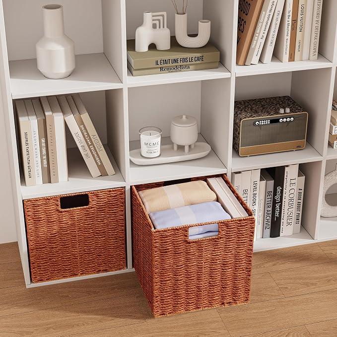 Wicker Storage Basket, Set of 2 Hand-Woven Paper Rope Wicker Baskets, Foldable Cube Storage Bins, 11 inch Storage Basket, Square Baskets for Organizing Shelves & Decor, Orange (11″×11″×11″) - Image 3