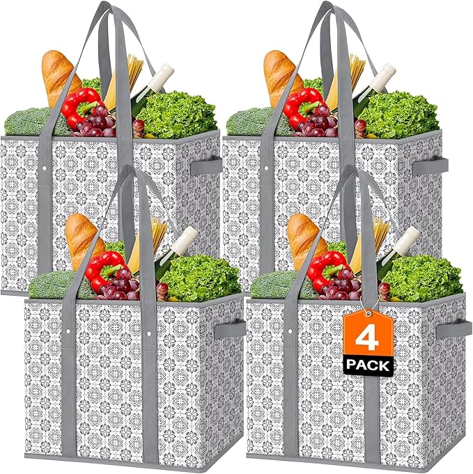 Reusable Grocery Bags 4 Pack, Foldable & Water Resistant Shopping Bags | Large Grocery Tote Bag Water Resistant Shopping Bags Foldable Grocery Bag for Clothes,Shoes and Picnic by WiseLife