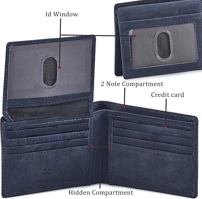 Wallet for Men Slim RFID Blocking Leather Bifold Minimalist 2 ID Windows Gift Box Carteras Para Hombres (CRAZY HORSE, NAVY) - Image 4