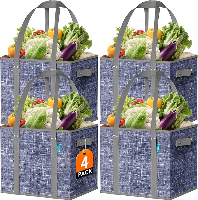 Fab totes Reusable Grocery Bags, Large Foldable Shopping Tote Bags with Reinforced Handles & Hard Bottom,4 Pack,Blue by Fabtotes