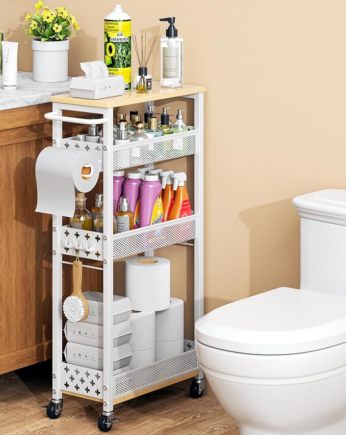 OKZEST Slim Bathroom Organizers and Storage Cart with Toilet Paper Holder | Upgraded metal hub casters, 4-Tier space-saving narrow rolling cart, Premium wood & metal mesh shelves, Holds tall bottles by OKZEST