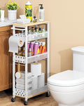 OKZEST Slim Bathroom Organizers and Storage Cart with Toilet Paper Holder | Upgraded metal hub casters, 4-Tier space-saving narrow rolling cart, Premium wood & metal mesh shelves, Holds tall bottles by OKZEST