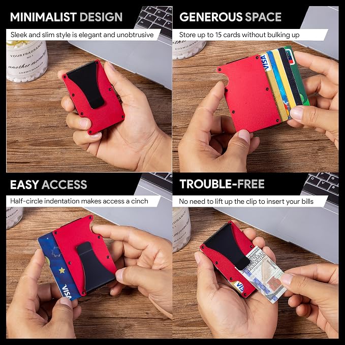 Minimalist Wallet for Men, Slim Metal RFID Blocking Wallet Credit Card Holder Money Clip & Cash Strap, Scratch-Resistant Holds 15 Cards,Ideal Gift for Men | Matt Red - Image 5