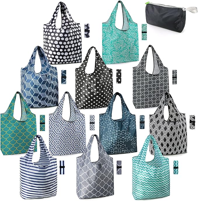 BeeGreen Reusable Grocery Bags Lightweight Durable Shopping Bags Washable Foldable 12 Pack Xlarge Classic Geometric Design Gift Tote Grocery Bags with Elastic Band and Separated Zipper Storage Pouch by BeeGreen