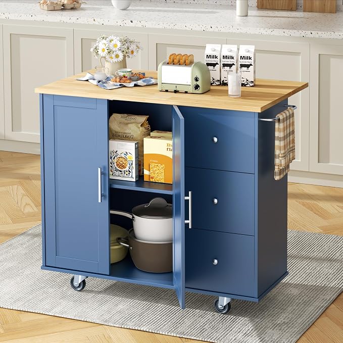 Shintenchi Kitchen Island with Folding Drop Leaf, Rolling Island Table with Storage, Kitchen Cabinet on Wheels with Seating Area for Kitchen, Bar Cart with Cabinet, Blue - Image 2