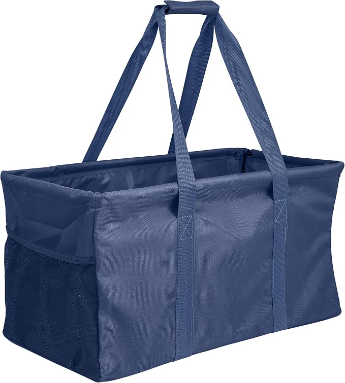 Extra Large Utility Tote Bag - Oversized Collapsible Reusable Wire Frame Rectangular Canvas Basket With Two Exterior Pockets For Beach, Pool, Laundry, Car Trunk, Storage - Navy Blue by Lucazzi