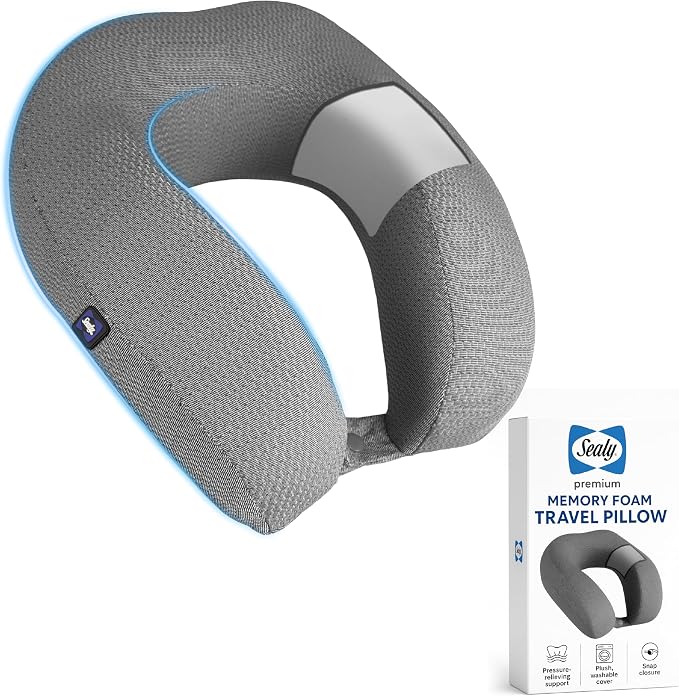 Sealy Ergonomic Memory Foam Travel Neck Pillow - Premium Cervical Neck Pillow for Airplanes, Designed for Comfort, Adaptive Ergonomic Support, Travel Essentials, Grey by Sealy
