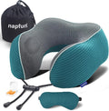 napfun Neck Pillow for Travel with Travel Pouch, Sleep Mask & Earplugs, Memory Foam Airplane Pillow for Headrest Sleep with Eyeshades, Plane Essentials with Eye Blindfold, Teal Striped Kit by NAPFUN