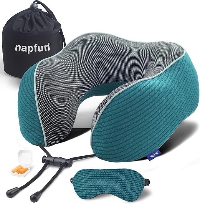napfun Neck Pillow for Travel with Travel Pouch, Sleep Mask & Earplugs, Memory Foam Airplane Pillow for Headrest Sleep with Eyeshades, Plane Essentials with Eye Blindfold, Teal Striped Kit by NAPFUN