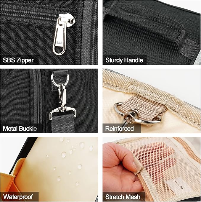 Hanging Travel Toiletry Bag for Women and Men, 6 Organizer Compartments, Large Toiletries essentials, Bathroom Cosmetic Accessories, Water-resistant Makeup Bag, Holds Full-Size Shampoo, Black - Image 7