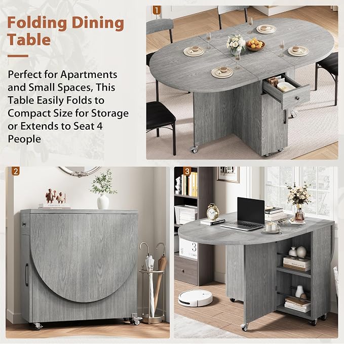 Jocoevol Round Folding Dining Table for 4, Space Saving Drop Leaf Kitchen Table with Storage Drawer, 6 Wheels Oval Gateleg Foldable Dining Table for Small Spaces(Grey 47 * 23.6 * 30) - Image 8