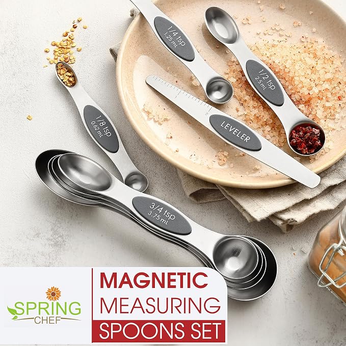 Spring Chef Stainless Steel Magnetic Measuring Spoons Set of 8, Gray | Stackable Metal Teaspoon & Tablespoon Measuring Spoons with Leveler for Dry & Liquid Ingredients, Dual Sided, Dishwasher Safe - Image 7