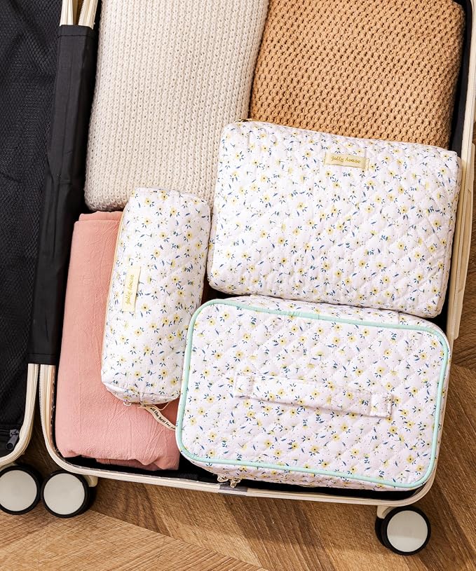 HBselect Quilted Makeup Bag, 3Pcs Cotton Large Travel Makeup Bags Organizer | Cute Floral Make up Bag Cosmetic Bag Toiletry Bag for Women Girls, Makeup Pouch for Skincare, Brushes & Travel Essentials - Image 3