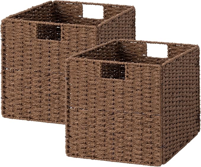 StorageWorks 13 inch Cube Storage Bins, Wicker Baskets for Storage, Brown | 2-Pack, Foldable Square Baskets, Wicker Storage Baskets for Organizing, Paper Rope Square Storage Cubes, Cube Storage Bins by StorageWorks