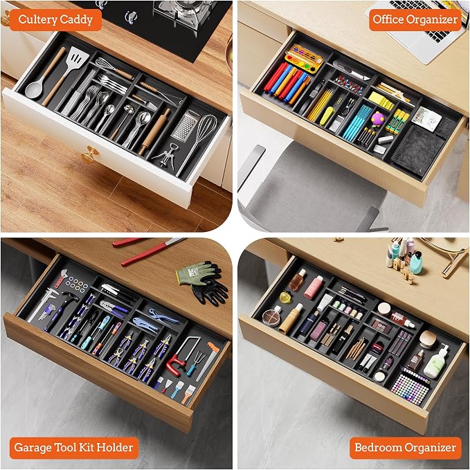 Silverware Organizer Large, Magnetic Connected Expandable 13 Slots Silverware Drawer Organizer From 21 to 37.4 Inches, Adjustable Flatware and Cutlery Holder, Bamboo Utensil Tray for Kitchen Black - Image 8