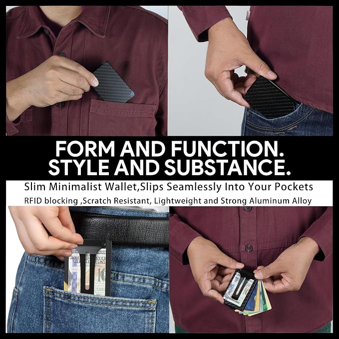 Minimalist Wallet for Men, Slim Metal RFID Blocking Wallet Credit Card Holder Money Clip & Cash Strap, Scratch-Resistant Holds 15 Cards,Ideal Gift for Men | Carbon Fiber - Image 6