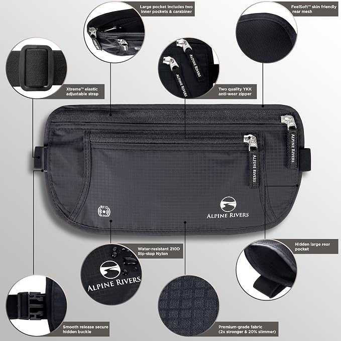 Alpine Rivers Money Belt for Travel - RFID Hidden Wallet, Onyx Black | Triple-layer RFID shielding, hidden passport holder and waist wallet, 7 card sleeves included, fits 26-56 inch waists - Image 3